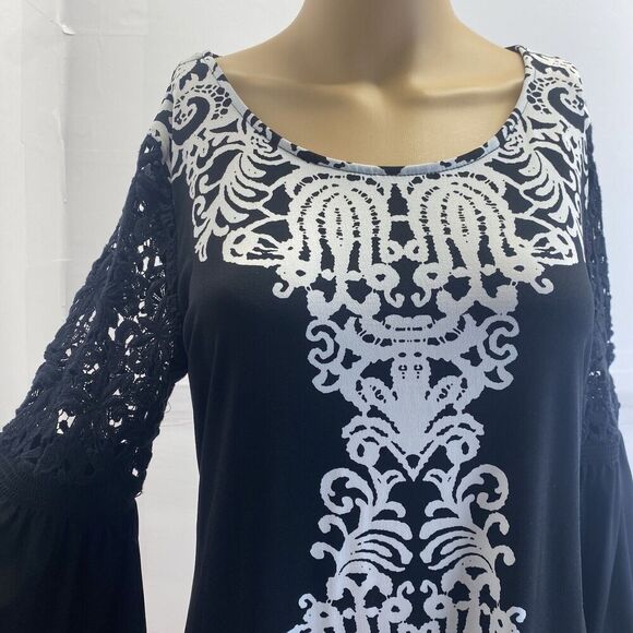 ALFANI Women‎ Tunic Black White Floral Round Neck 3/4 Sleeve Stretch Top S Used - Picture 13 of 14